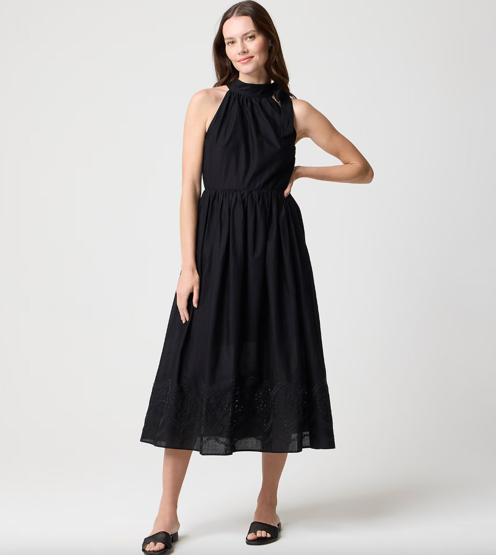 Women's Petite Tie-Neck Maxi Dress With Eyelet Trim (Black, Size 12) J.Crew Factory